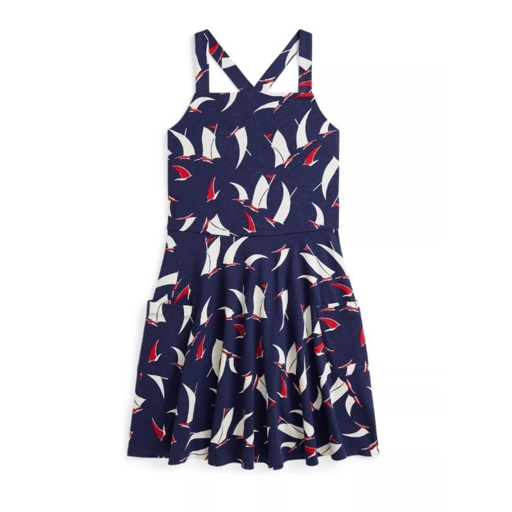 Ralph Lauren Girls Multicolored Sailboat-Print‎ Cotton Jersey Dress Size XL NWT